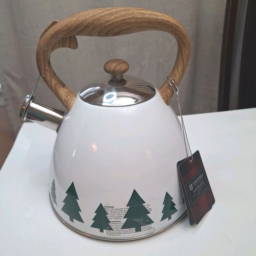 Masterclass Whistling Tea Kettle White Enamel Christmas Pine Tree Wood Handle